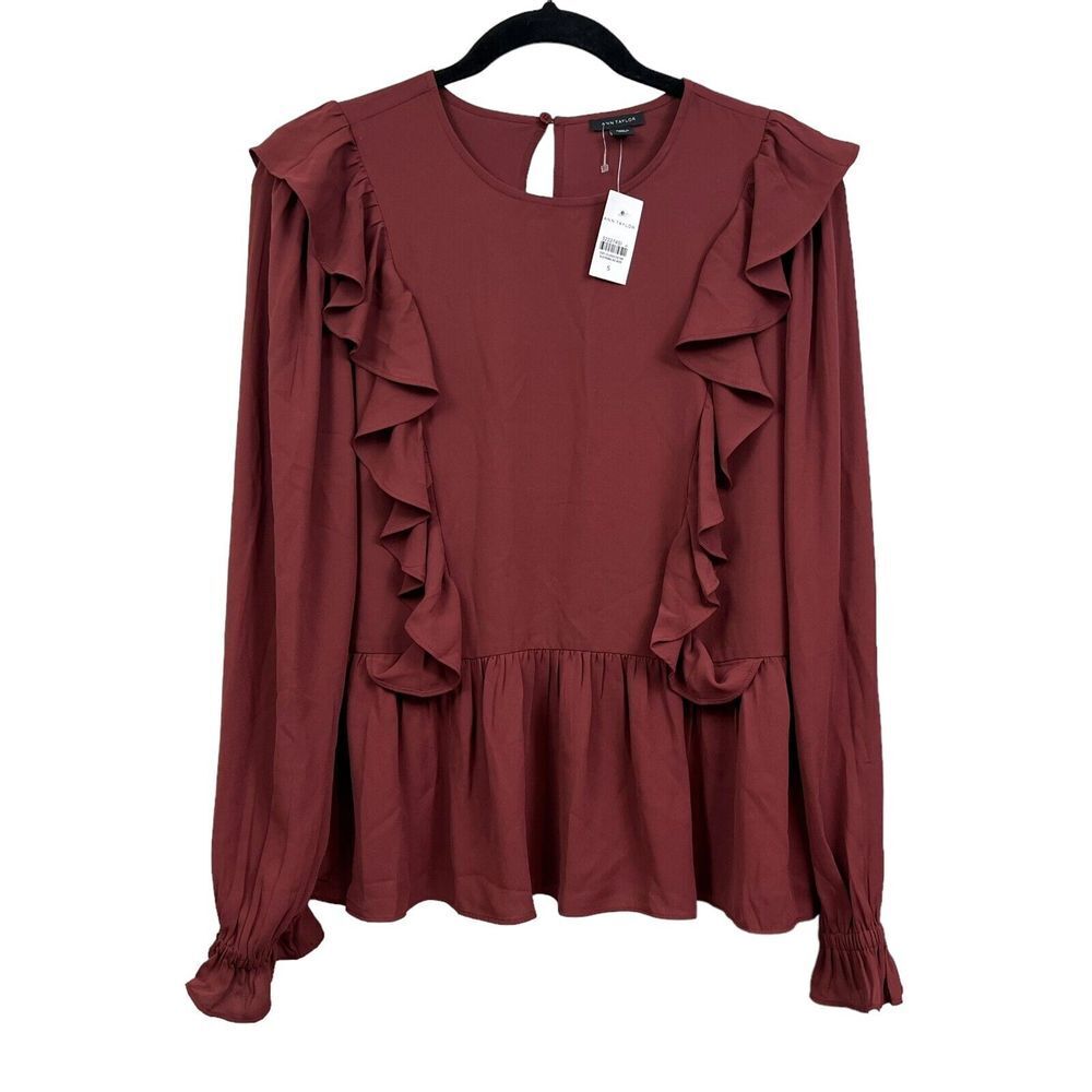 Ann Taylor Women Blouse Top Ruffled Trim Long Sleeves Keyhole Back Brown Rust S*